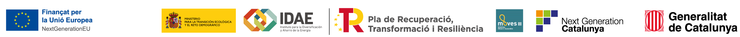 Finançat per la Unió Europea NextGenerationEU · Gobierno de España MITECO · IDAE · Pla de Recuperació, Transformació i Resiliència · MOVES III · Next Generation Catalunya · Generalitat de Catalunya